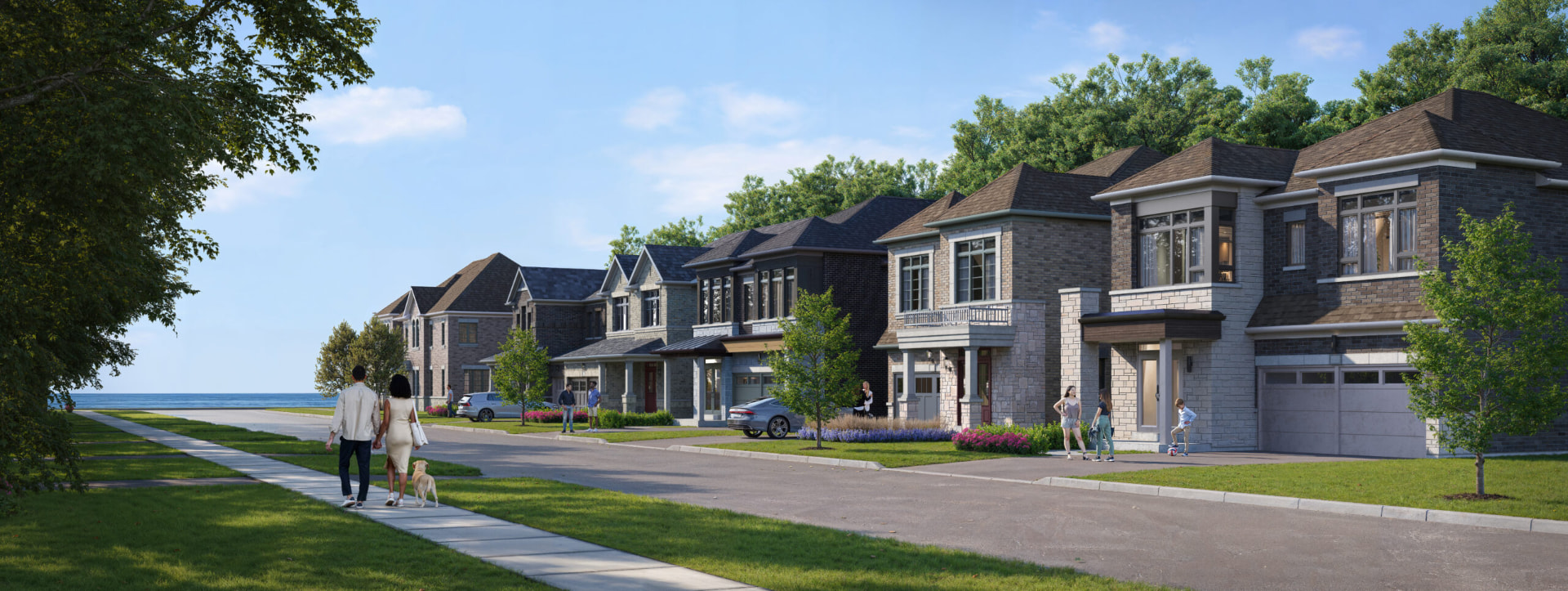 Streetscape of all-brick detached homes at Park and Lake — artist's concept